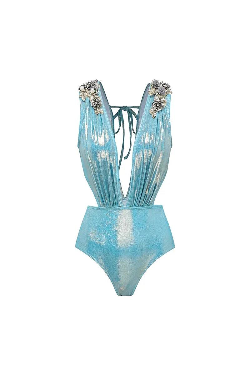 3D Butterfly Blue Glossy Swimsuit Set