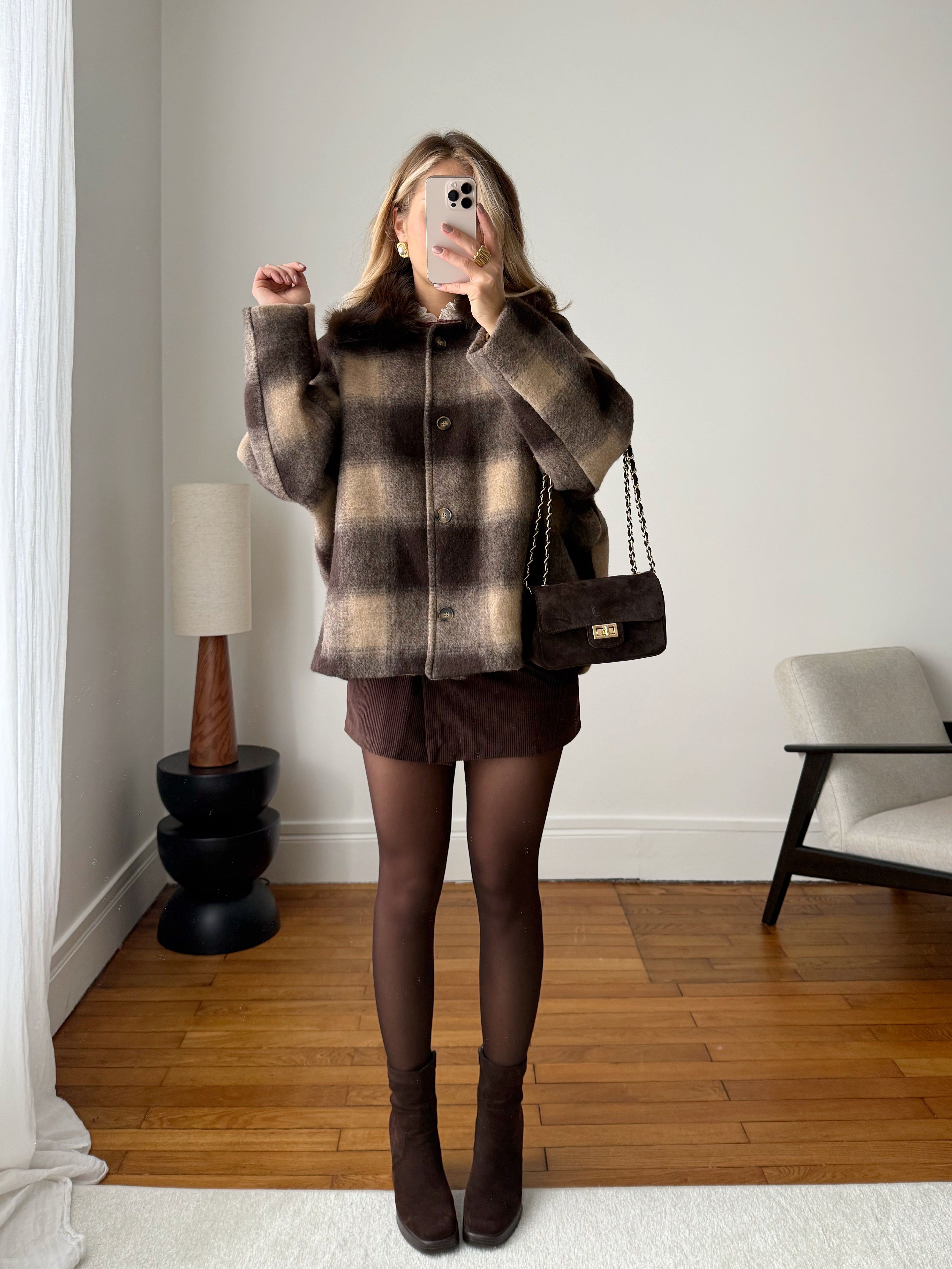 Checkered Wool Coat with Fur Collar MAM/LRIN