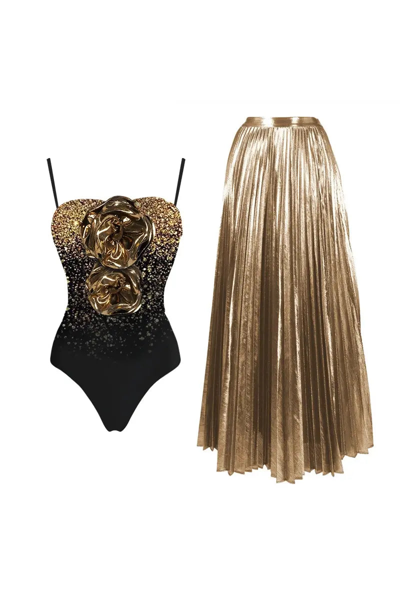 3D Floral Sequin Print Strapless Swimsuit Set