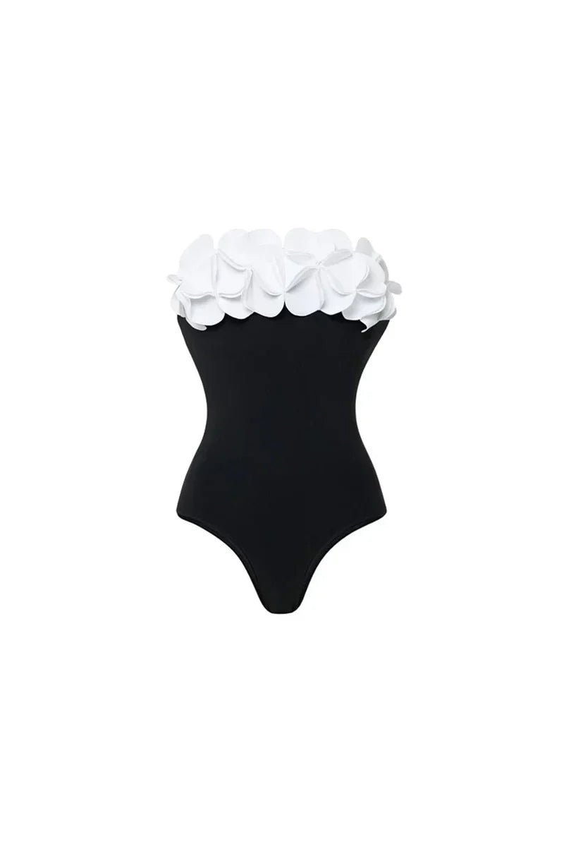 3D Floral Strapless Black Swimsuit