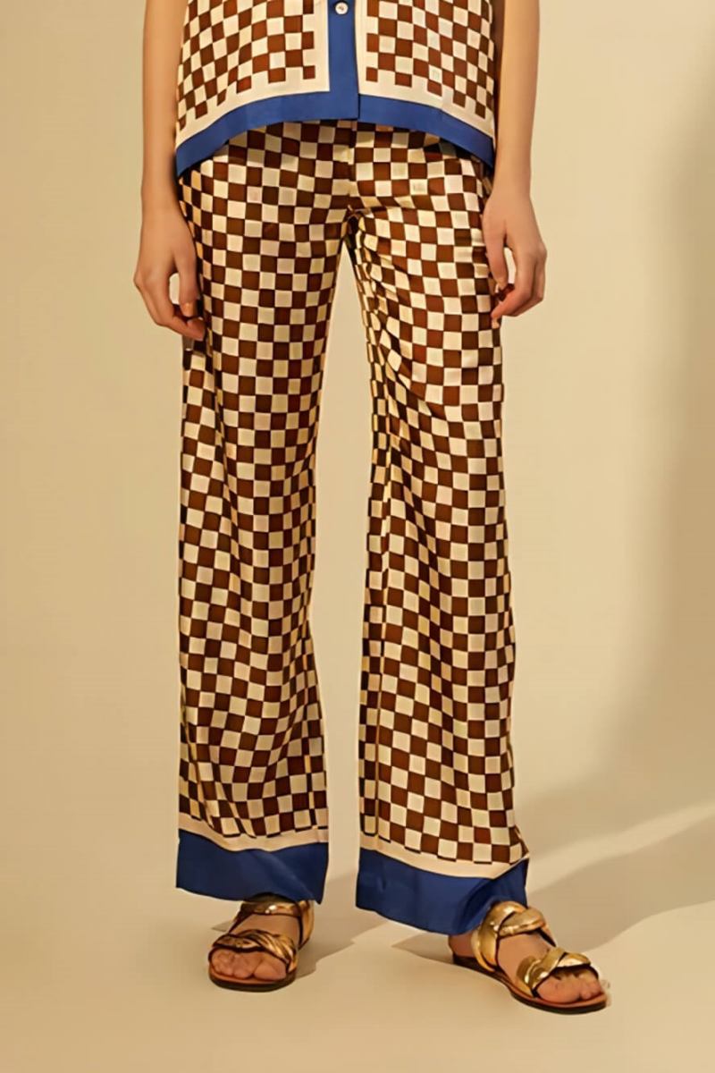 Unique Checkerboard Print Blue Stripe Splicing Loose Elastic Pants-Set