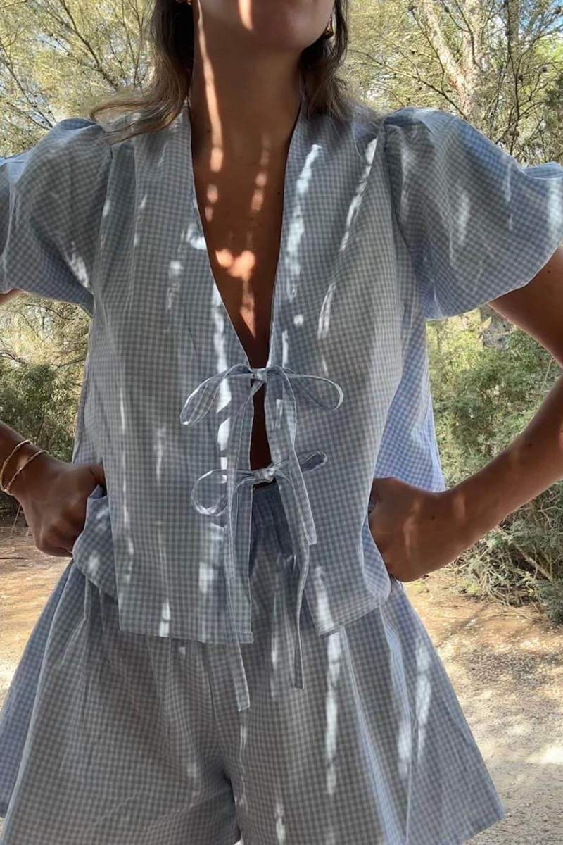 Plaid Front Lace-up Puff Sleeve Top and Elastic Waist Shorts Set