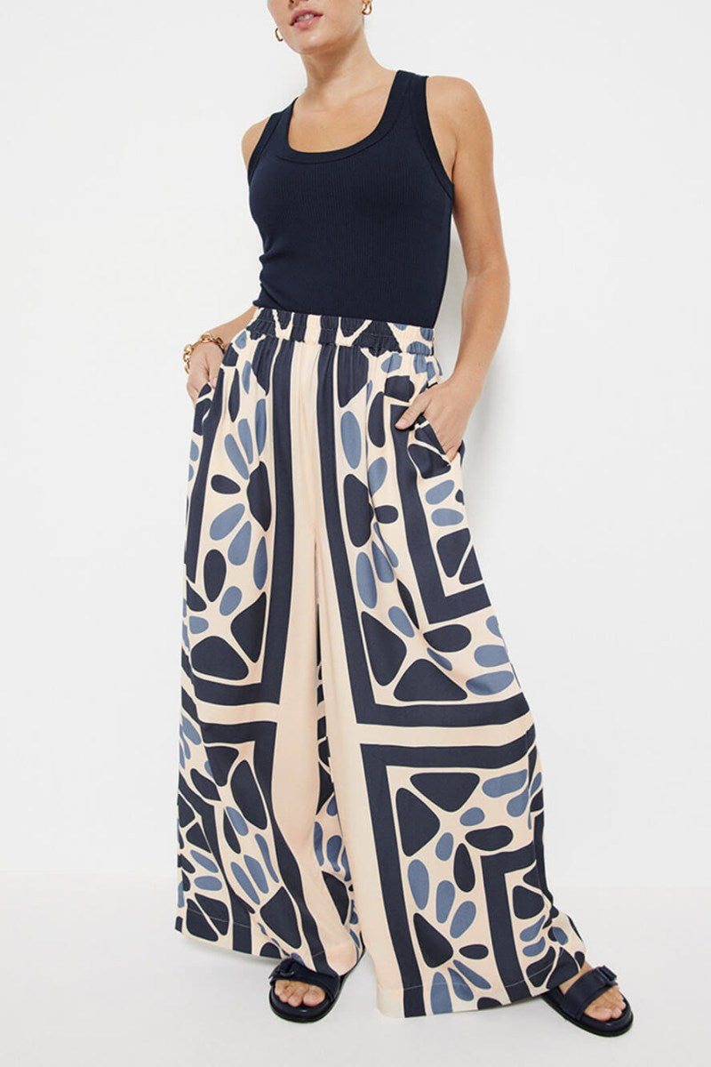 Summer Vacation Style Unique Ethnic Print Loose Waist Elastic Pants-Set