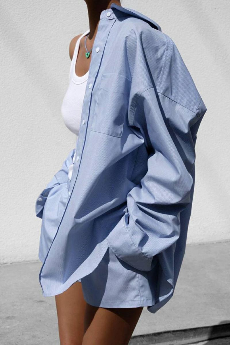 Blue Elegant Long Sleeve Shirt Set