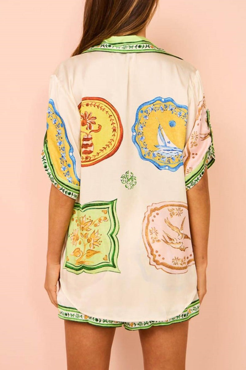 Cream Unique Ethnic Print Shirt Shorts Set