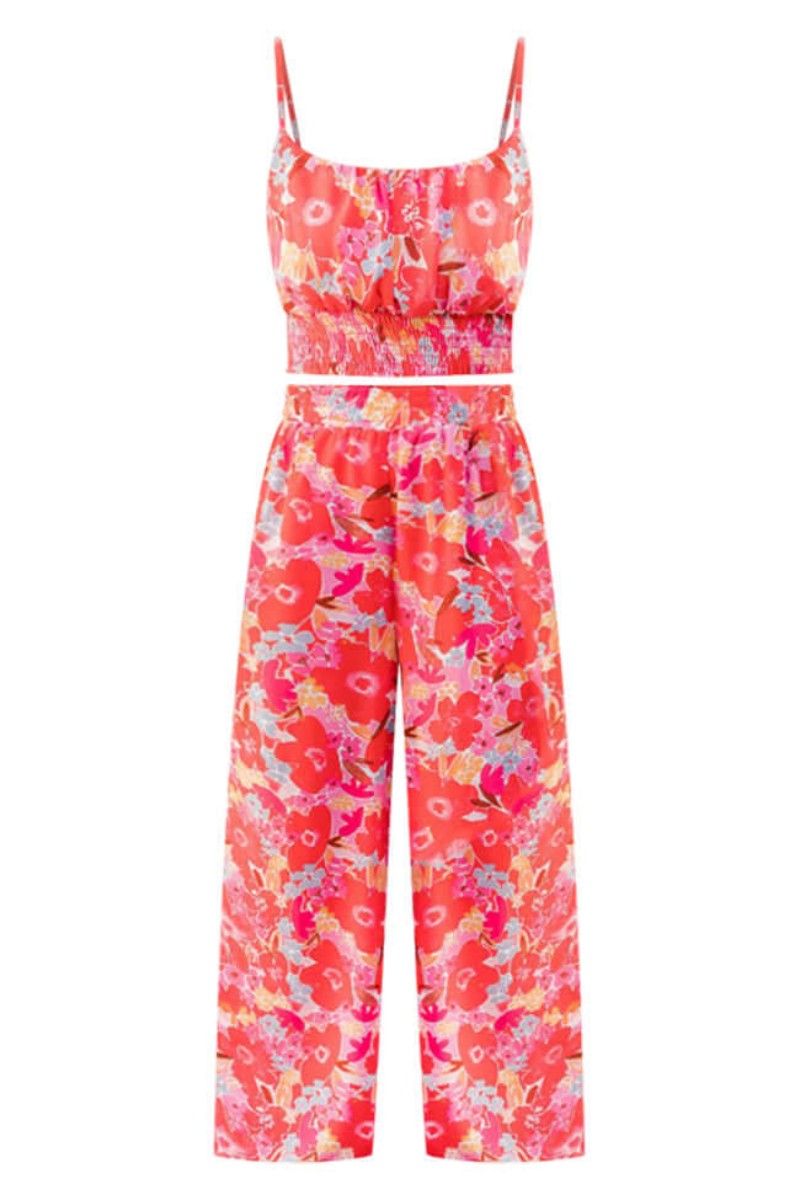 Boho Floral Two Piece Pant Set In Red Pappy