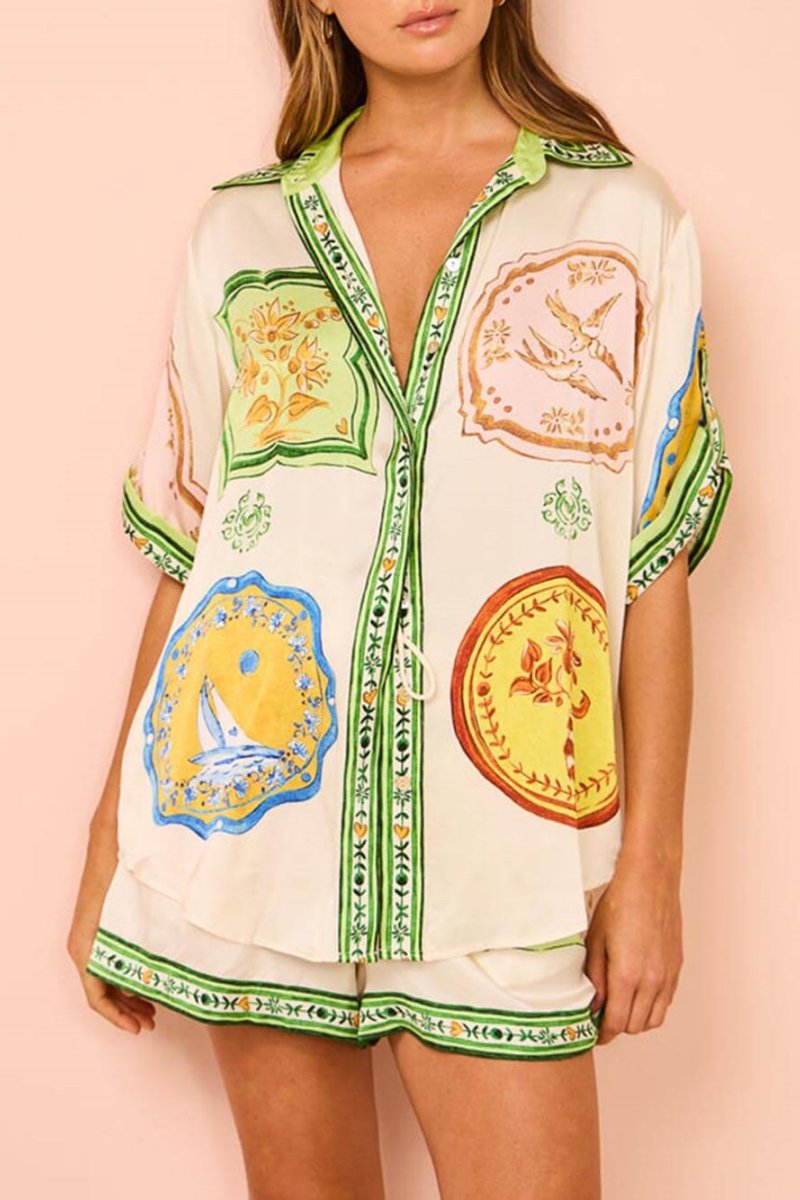 Cream Unique Ethnic Print Shirt Shorts Set