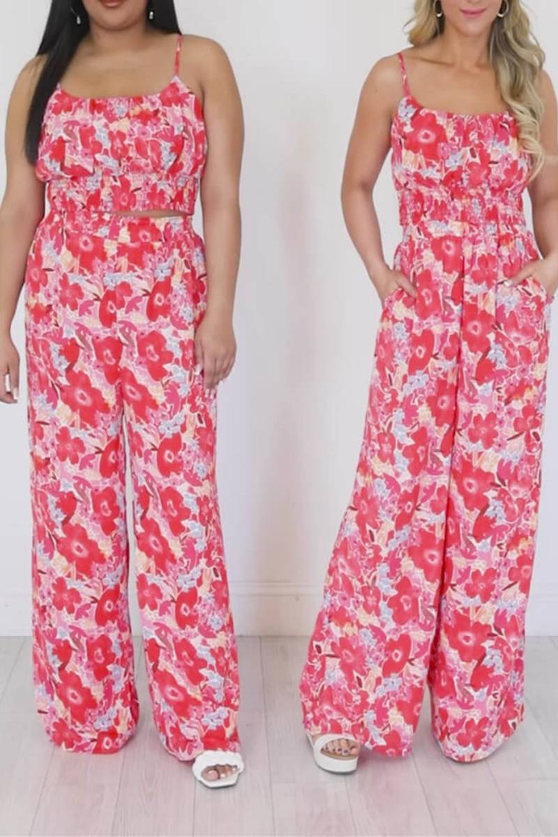 Boho Floral Two Piece Pant Set In Red Pappy
