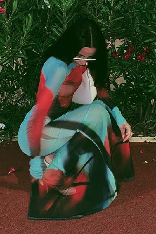 Abstract Print Sheer Maxi Dress