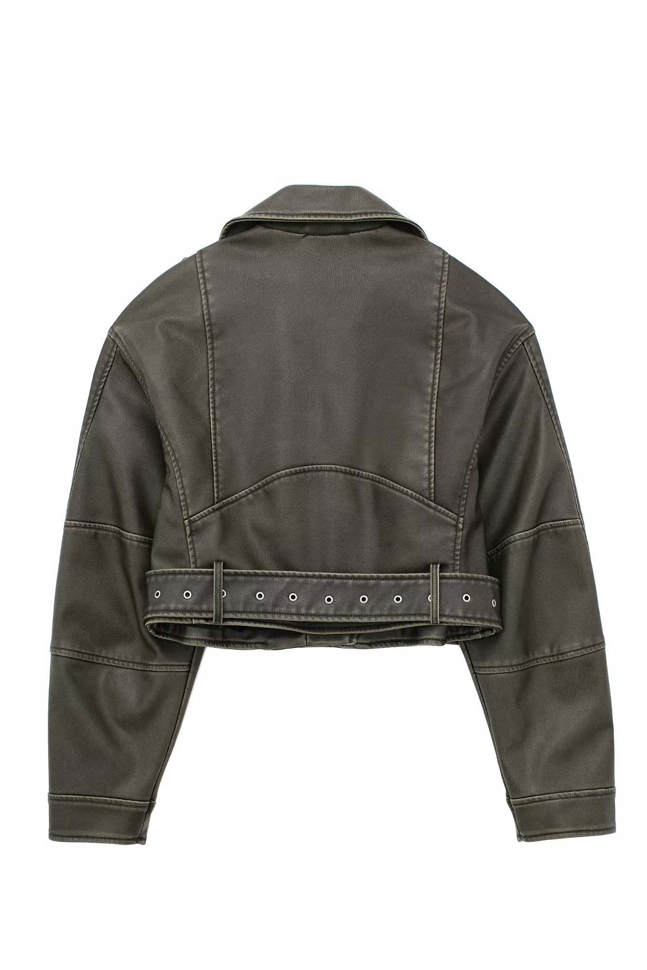 Cropped leather jacket with offset zipper collar