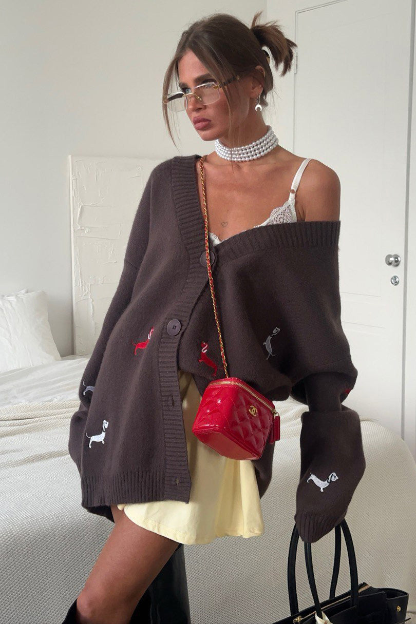 V-neck Dachshund Knit Cardigan