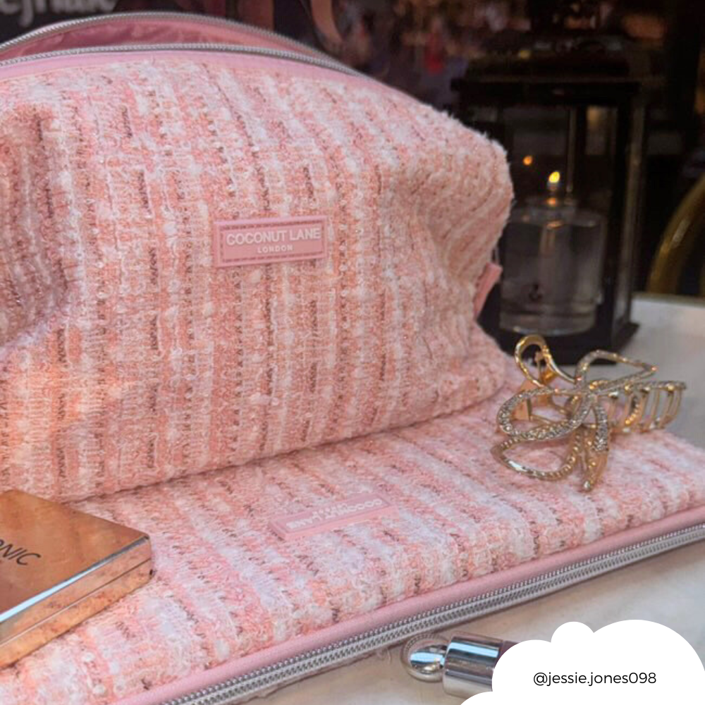 Genişletilebilir Makyaj Çantası - Pembe Dokulu Tüvit