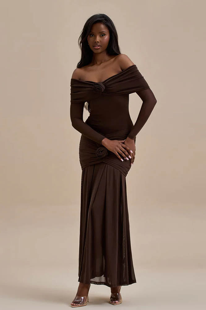 Off-Shoulder 3D Floral Bodycon Maxi Dresses