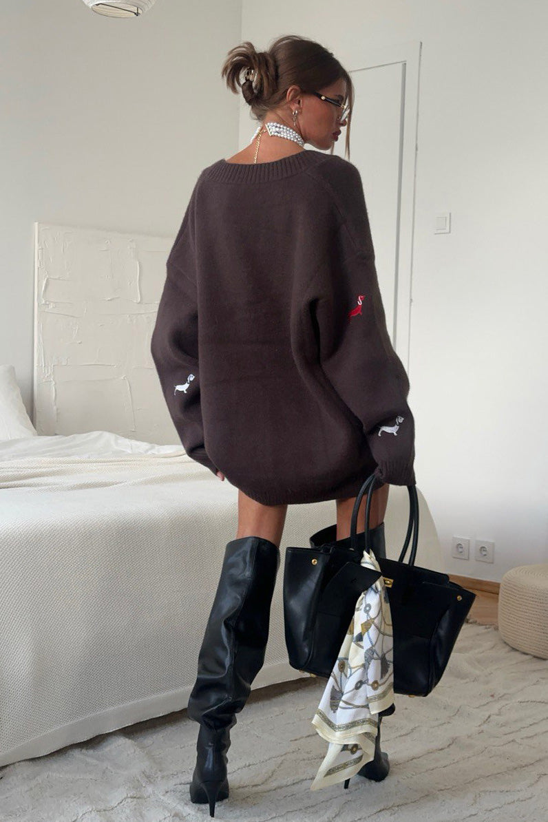 V-neck Dachshund Knit Cardigan