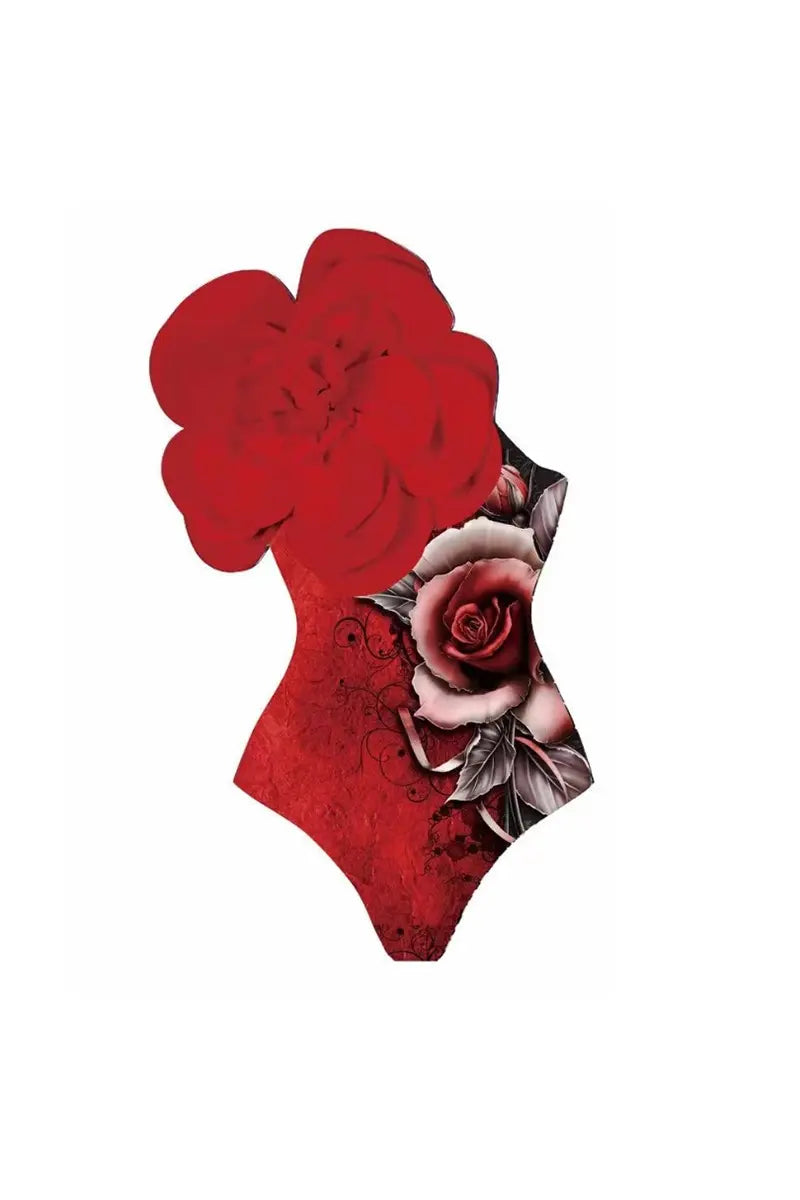 3D Red Floral Bust Accent Printed Swimsuit