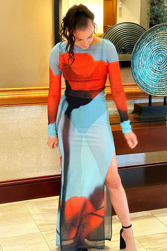 Abstract Print Sheer Maxi Dress