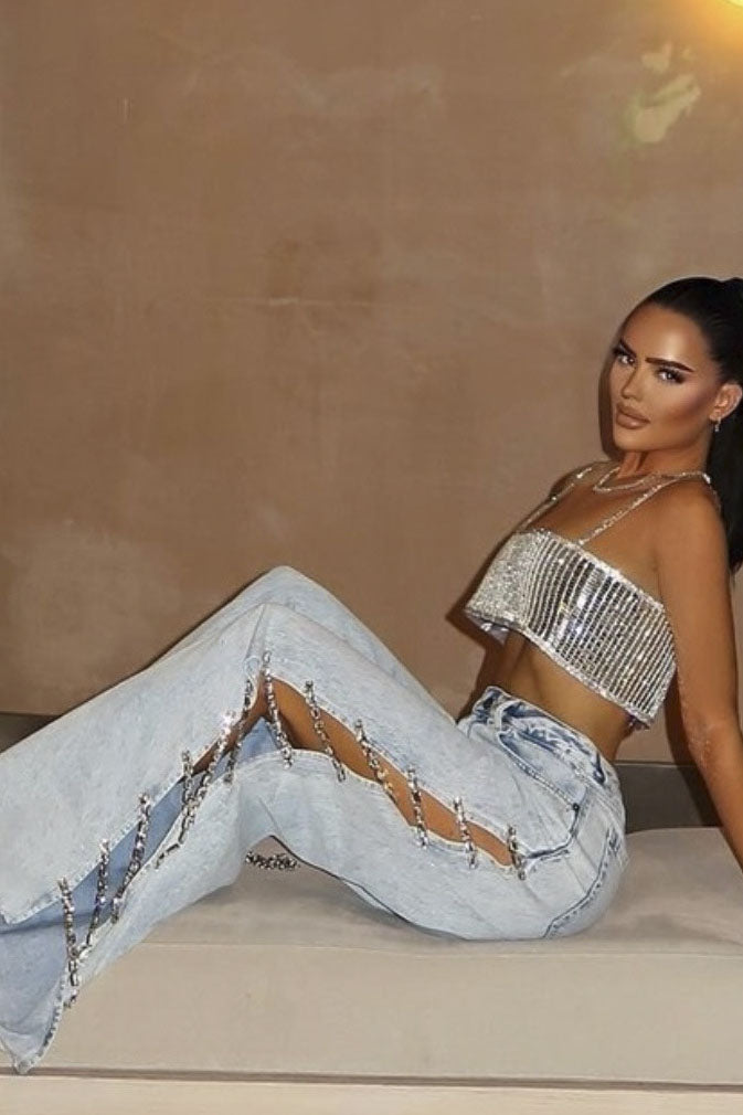 Y2K Rhinestone Side-Slit Denim Pants
