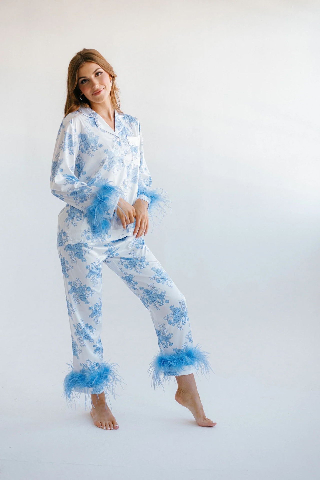 Blue Floral Print Satin Pajama Set
