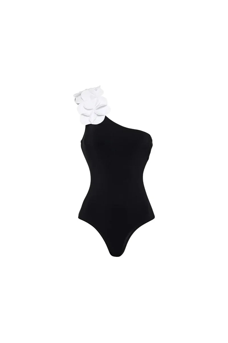 3D Floral One-Shoulder Black Swimsuit