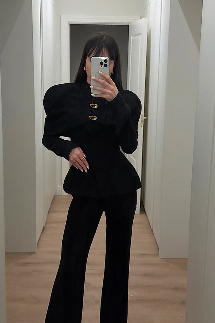 Exaggerated Shoulder Metal Buckle Top