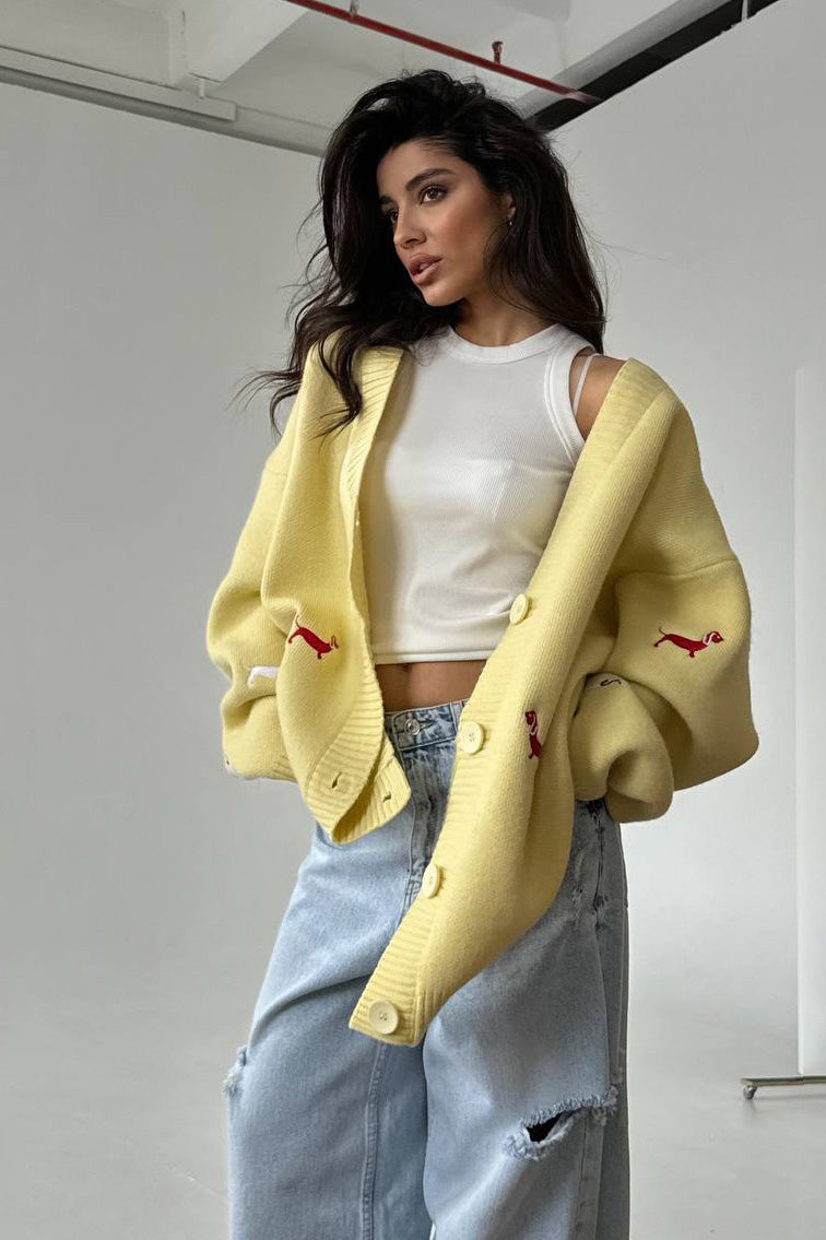 V-neck Dachshund Knit Cardigan