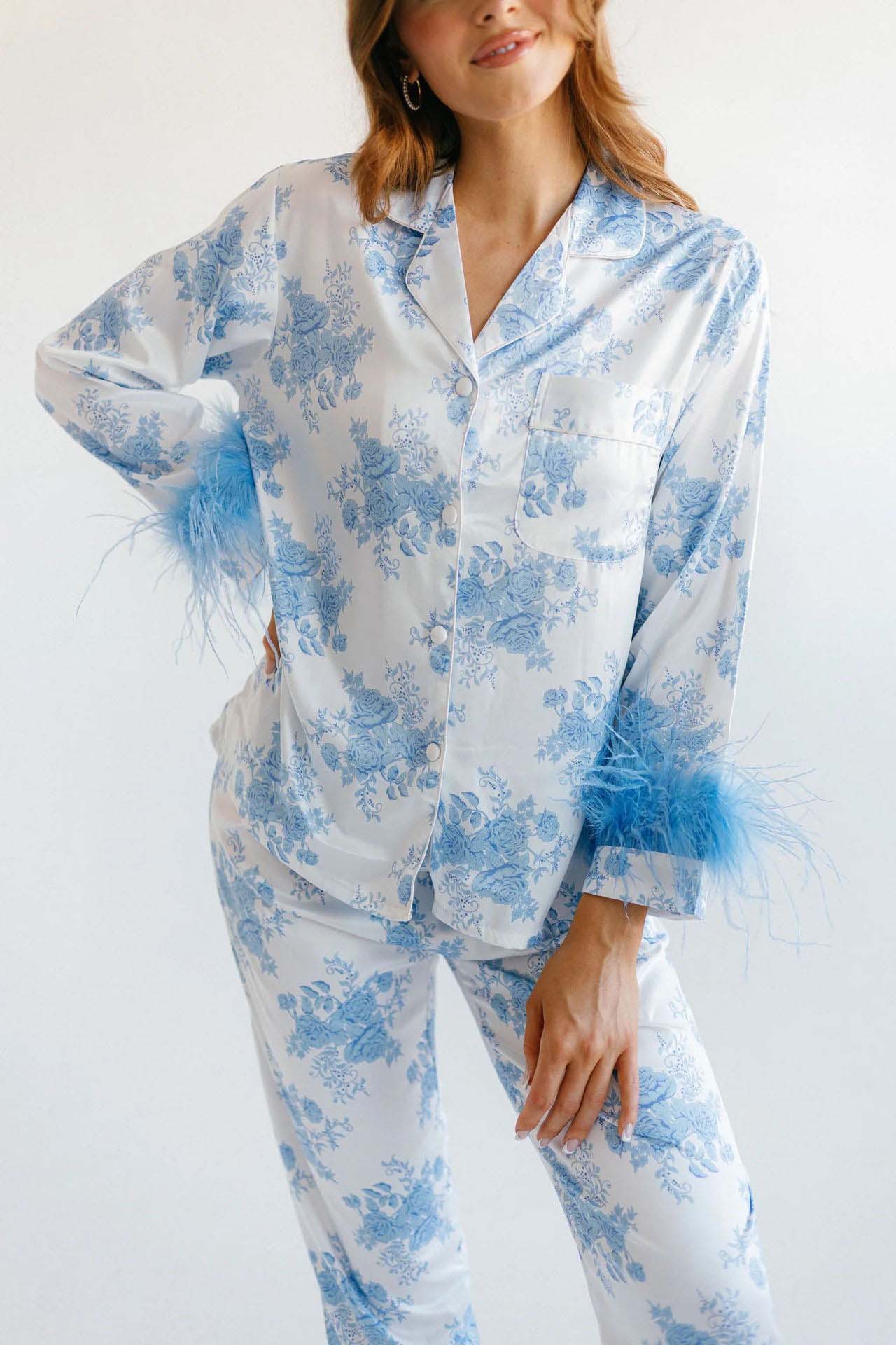 Blue Floral Print Satin Pajama Set