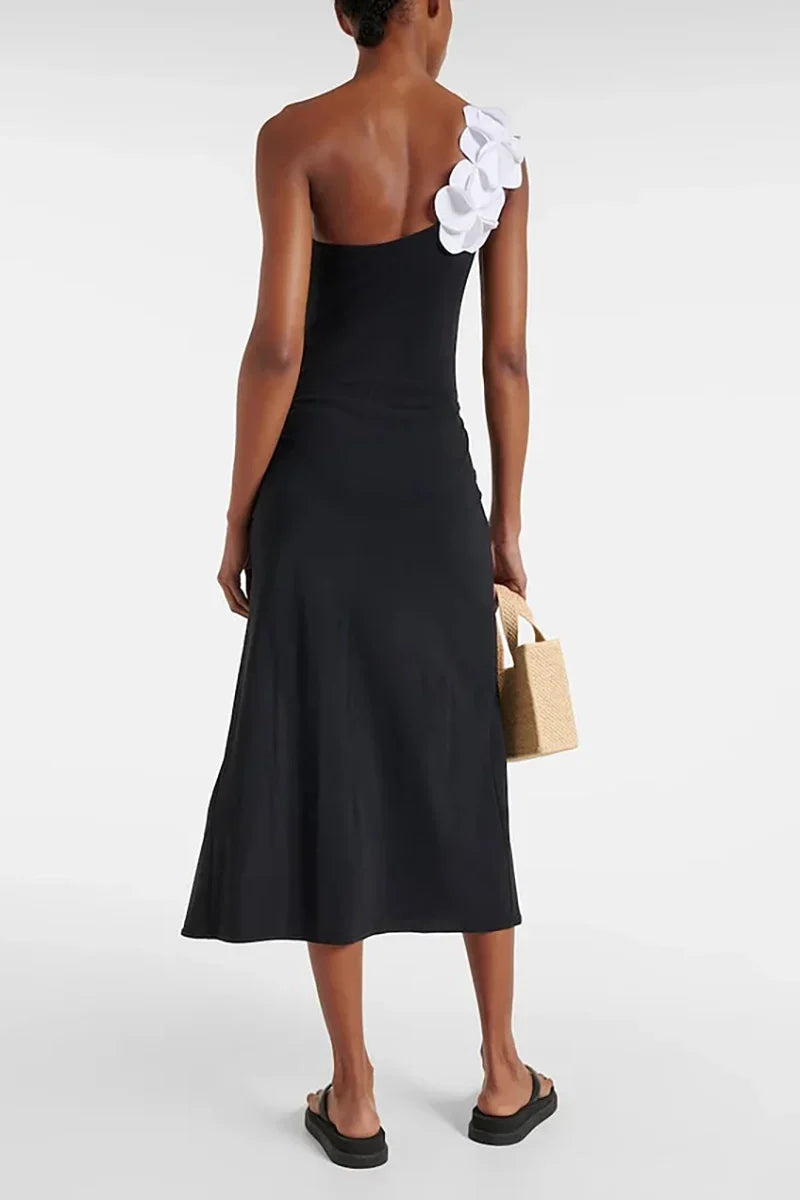 3D Floral One-Shoulder Black Swimsuit