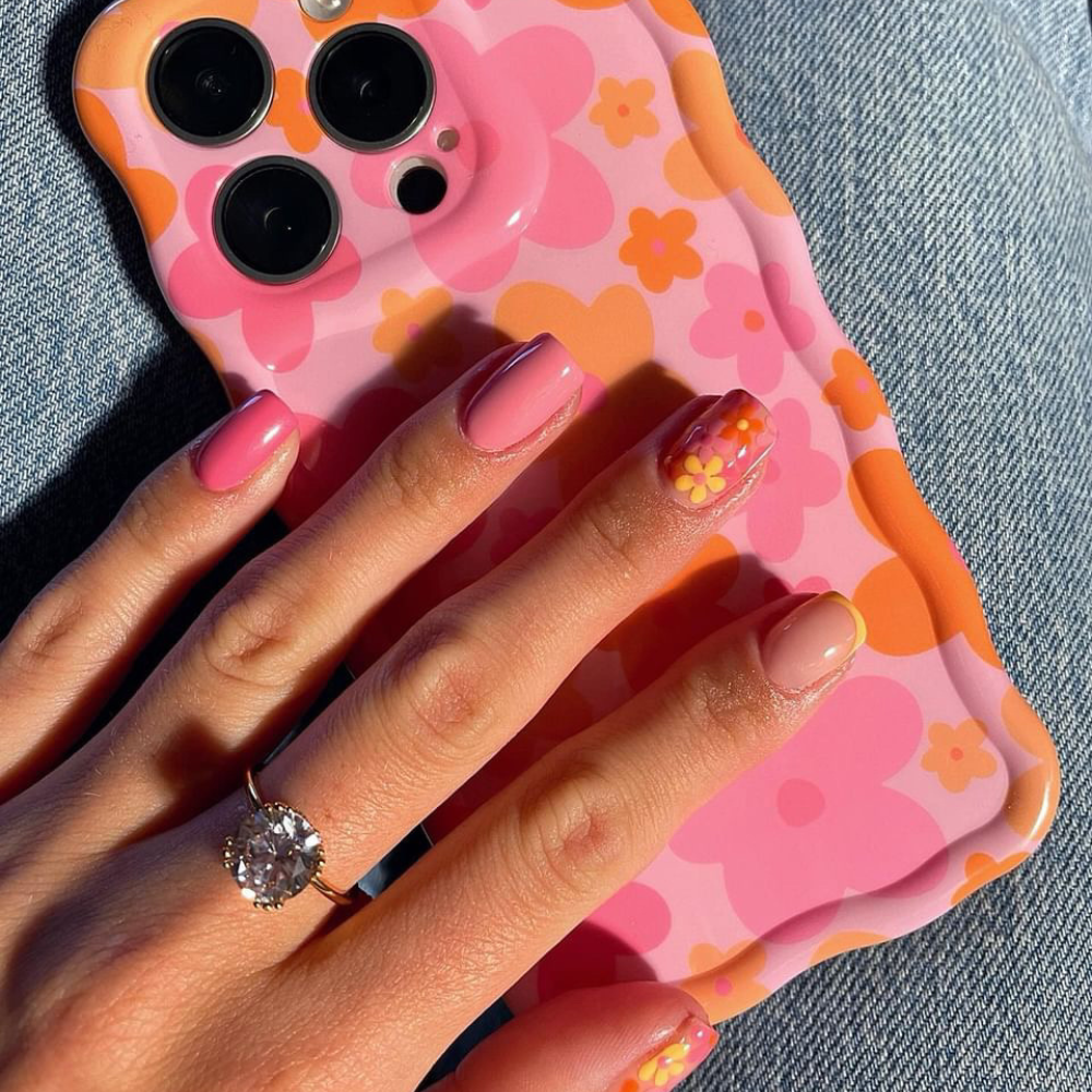 Dalgalı Telefon Kılıfı - Pembe ve Turuncu Çiçek Desenli
