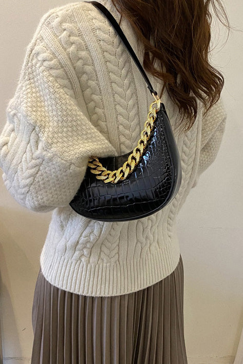 Black Patent Croc Moon Bag