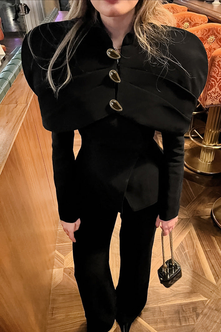 Exaggerated Shoulder Metal Buckle Top