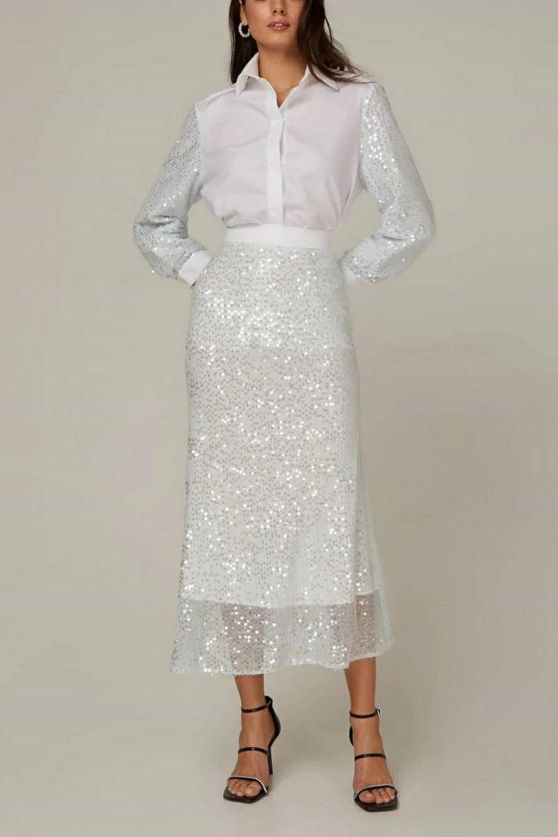 Sequin Sleeve Cotton Shirt & Skirt
