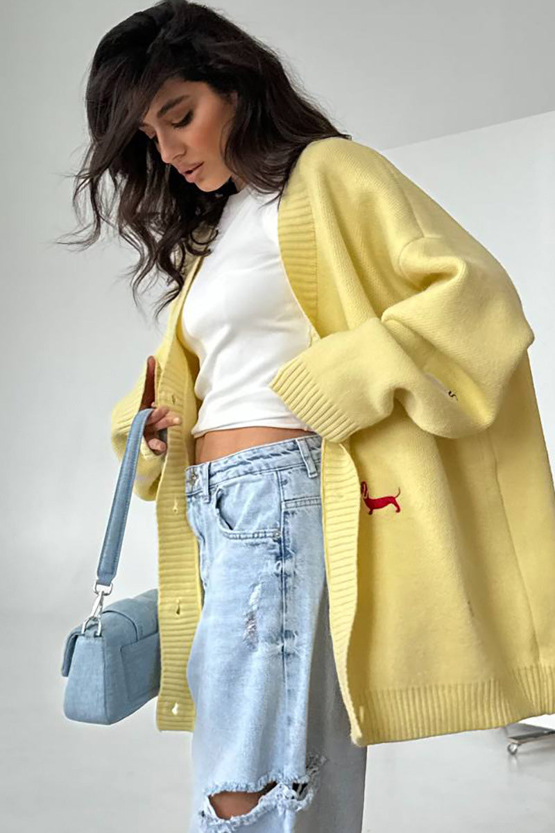 V-neck Dachshund Knit Cardigan