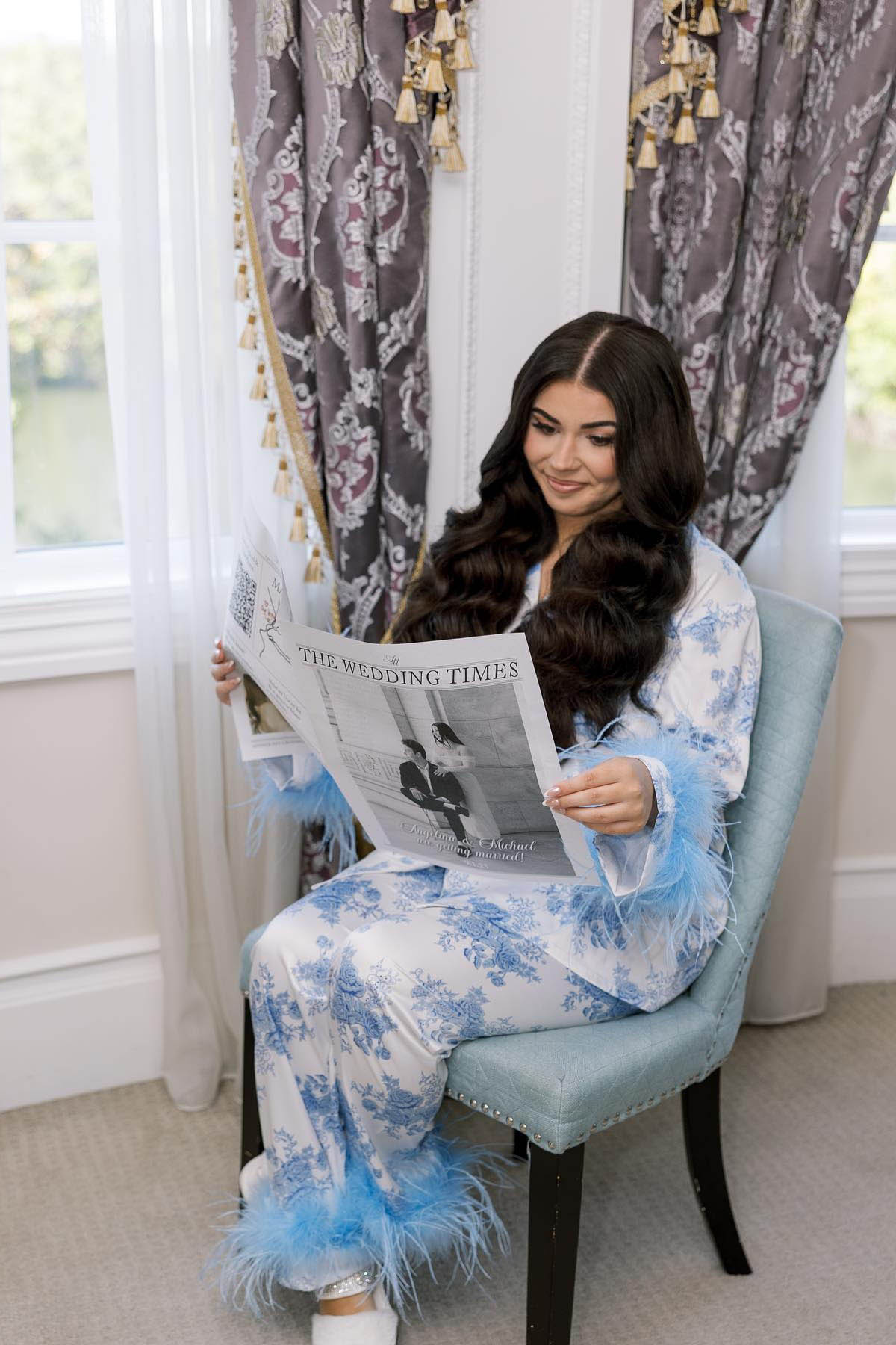 Blue Floral Print Satin Pajama Set