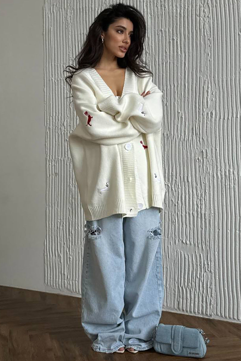 V-neck Dachshund Knit Cardigan