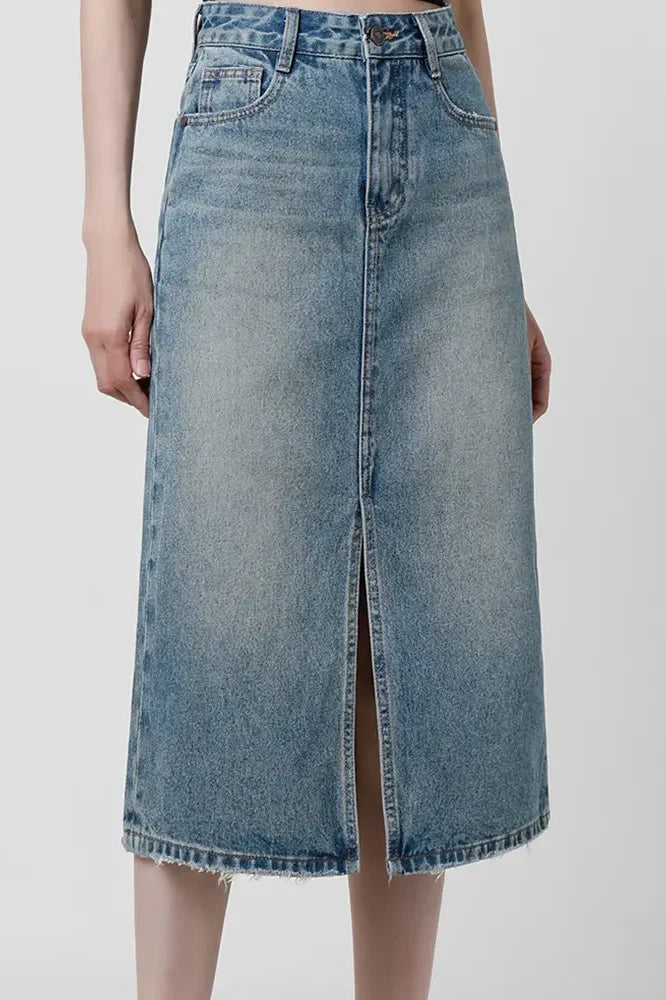 High-Waist Slit Denim Skirt
