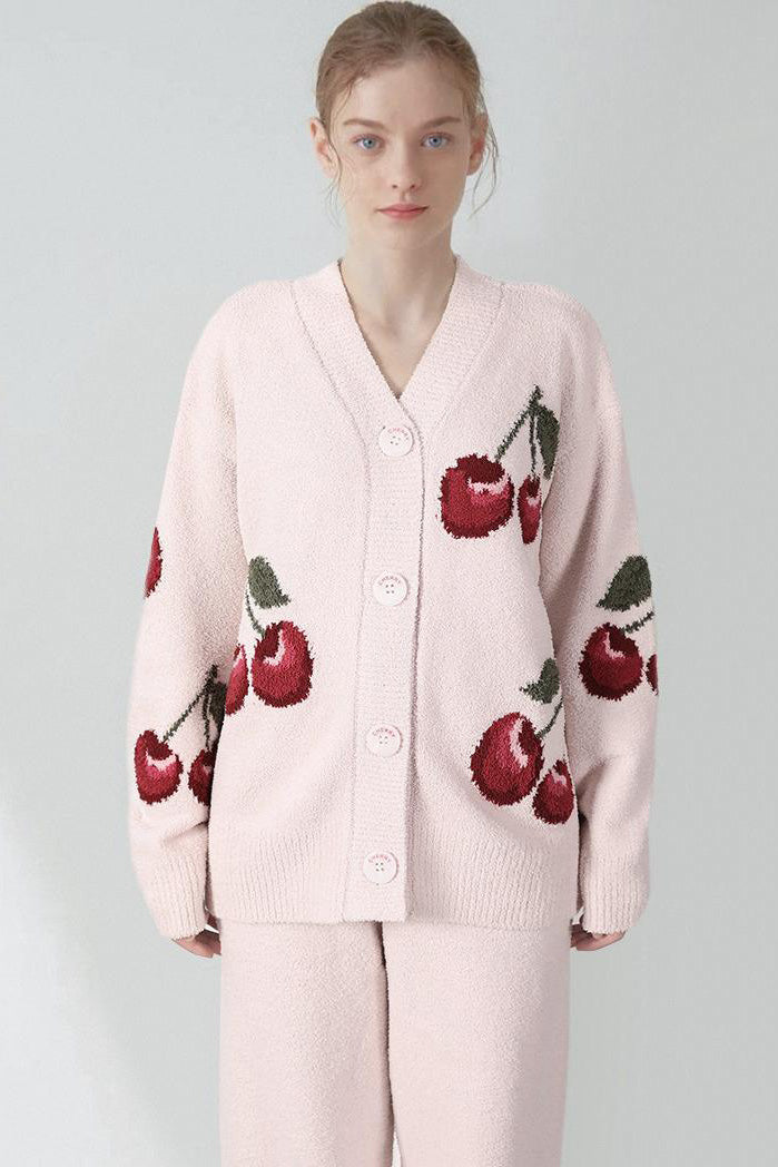 Soft Half Velvet Cherry Cardigan Pajama Set