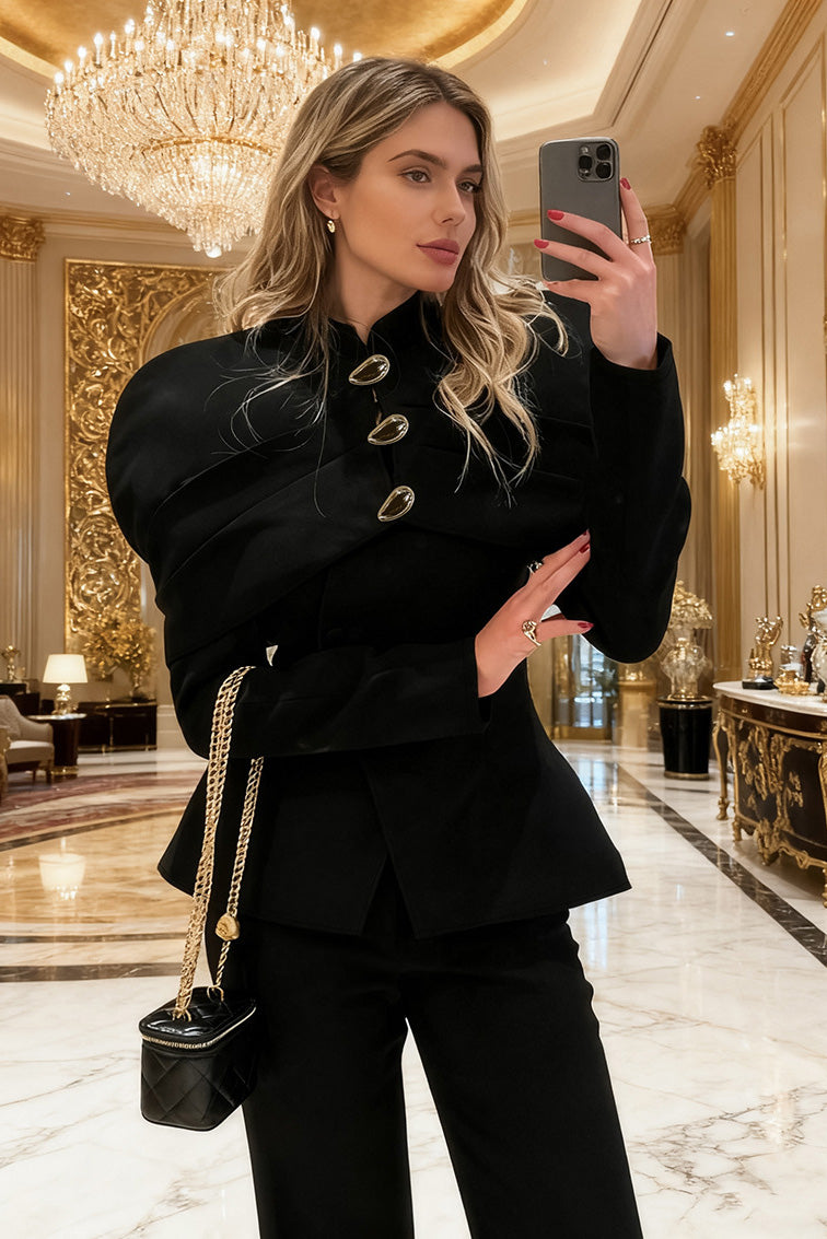 Exaggerated Shoulder Metal Buckle Top