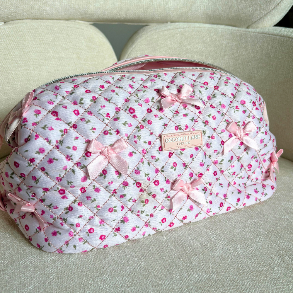 Genişletilebilir Makyaj Çantası - Kapitone Pembe Suluboya Çiçekler