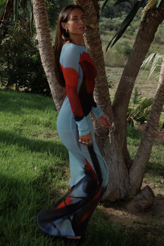 Abstract Print Sheer Maxi Dress