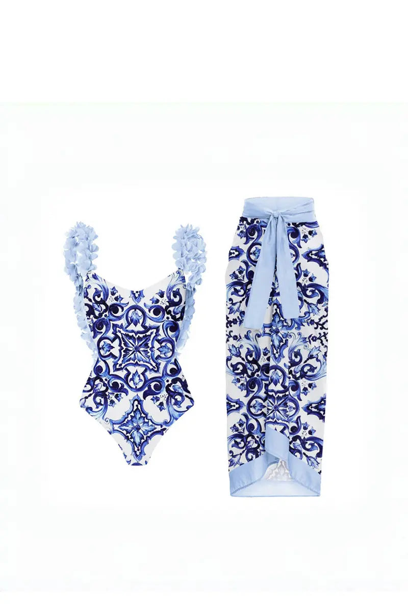 Blue One-Piece Bikini with Handmade Appliqué
