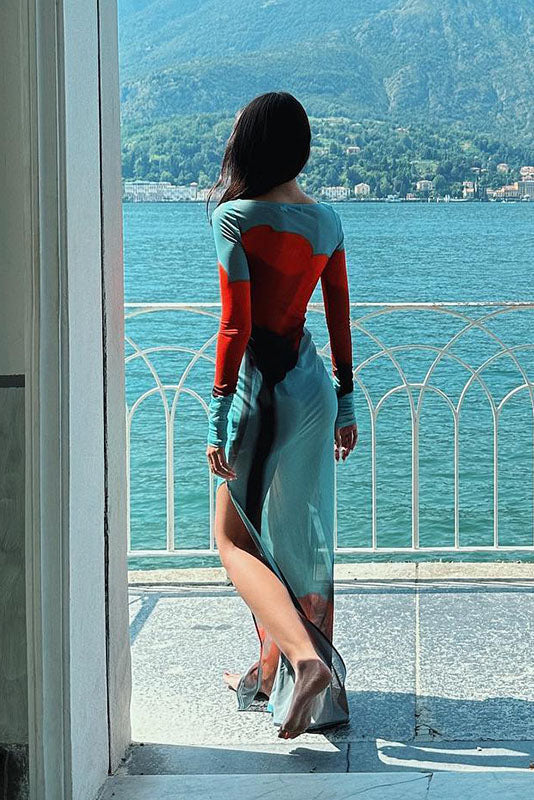 Abstract Print Sheer Maxi Dress