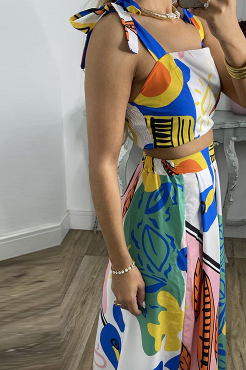 Graffiti Printed Tie Shoulder Top & Pleated Skirt Set