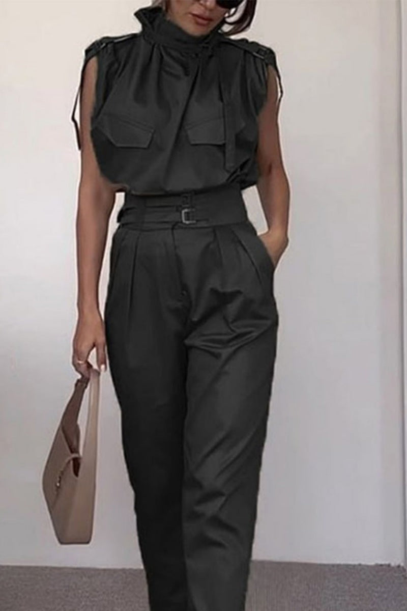 Side Pocket Belt Long Pant Set In Sage