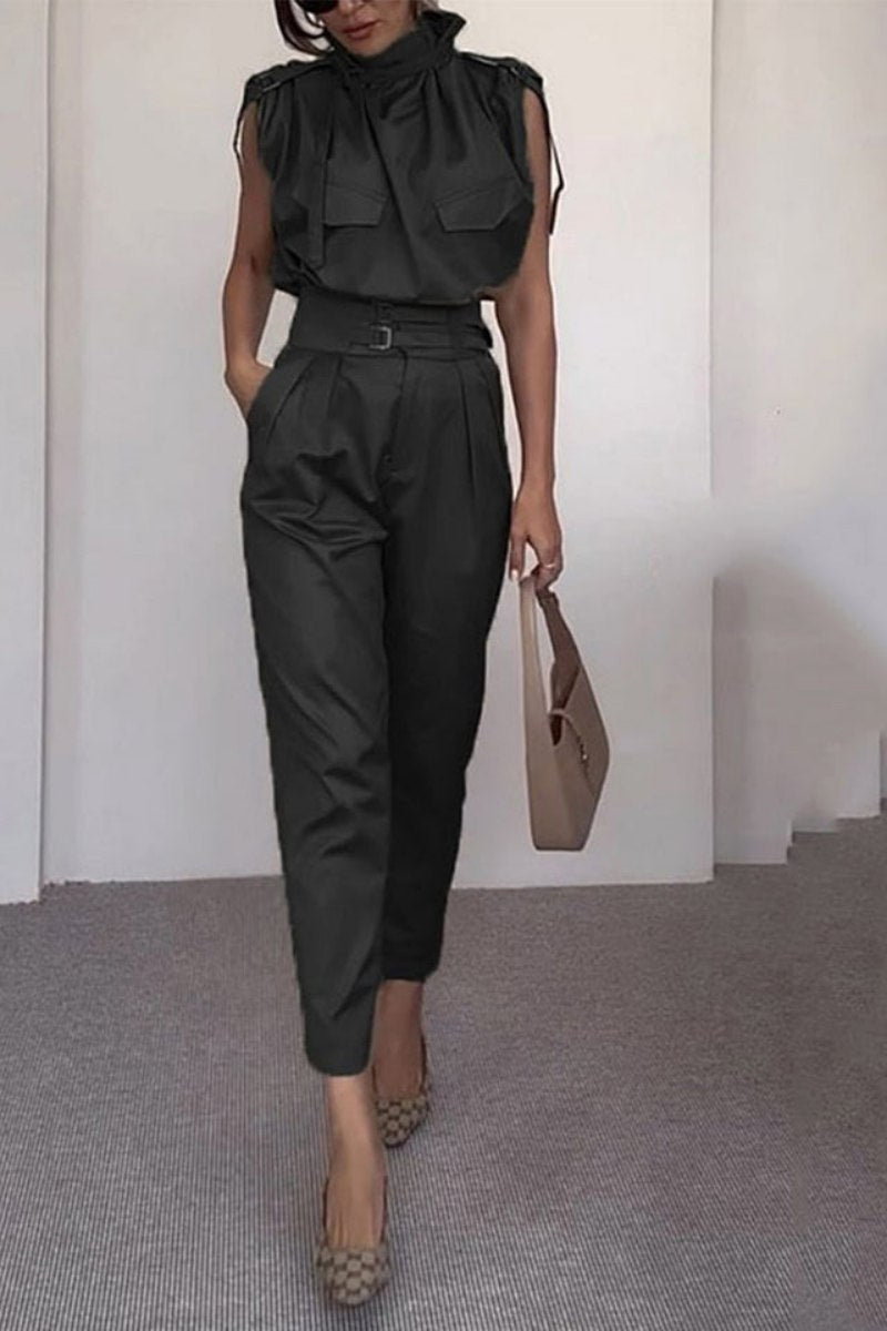 Side Pocket Belt Long Pant Set In Sage