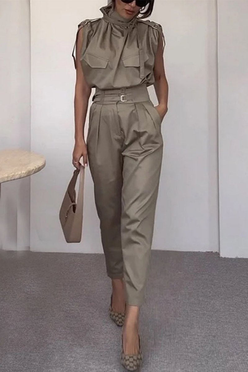 Side Pocket Belt Long Pant Set In Sage