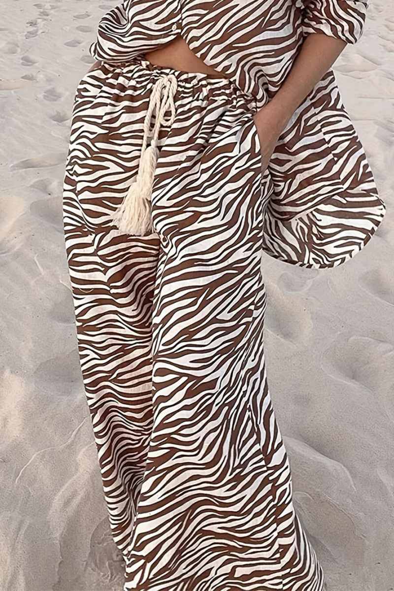 Button Open Collar Loose Zebra Print Drawstring Wide Leg Pants-Set