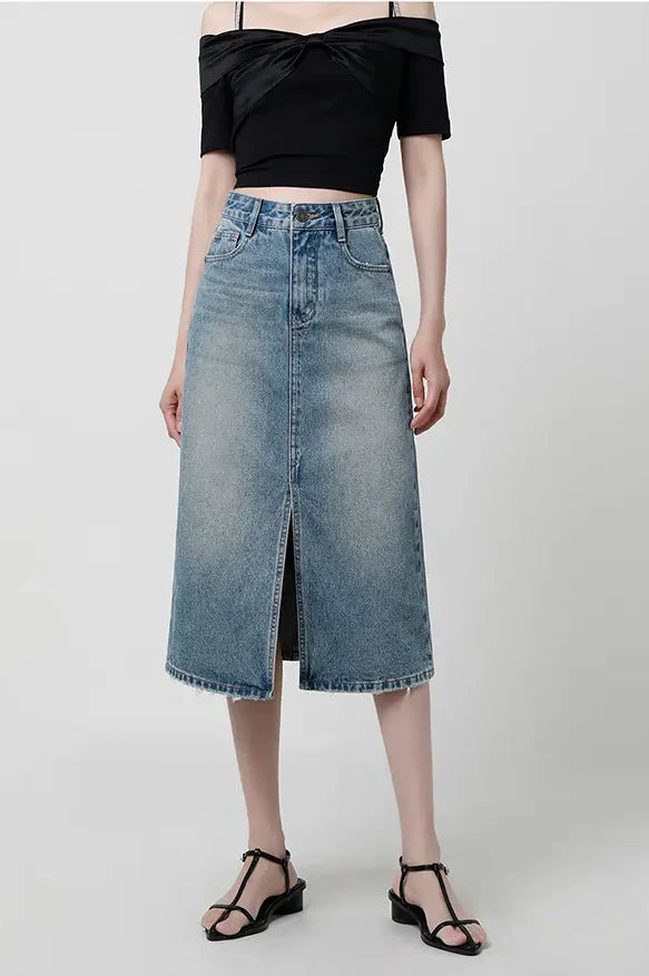High-Waist Slit Denim Skirt