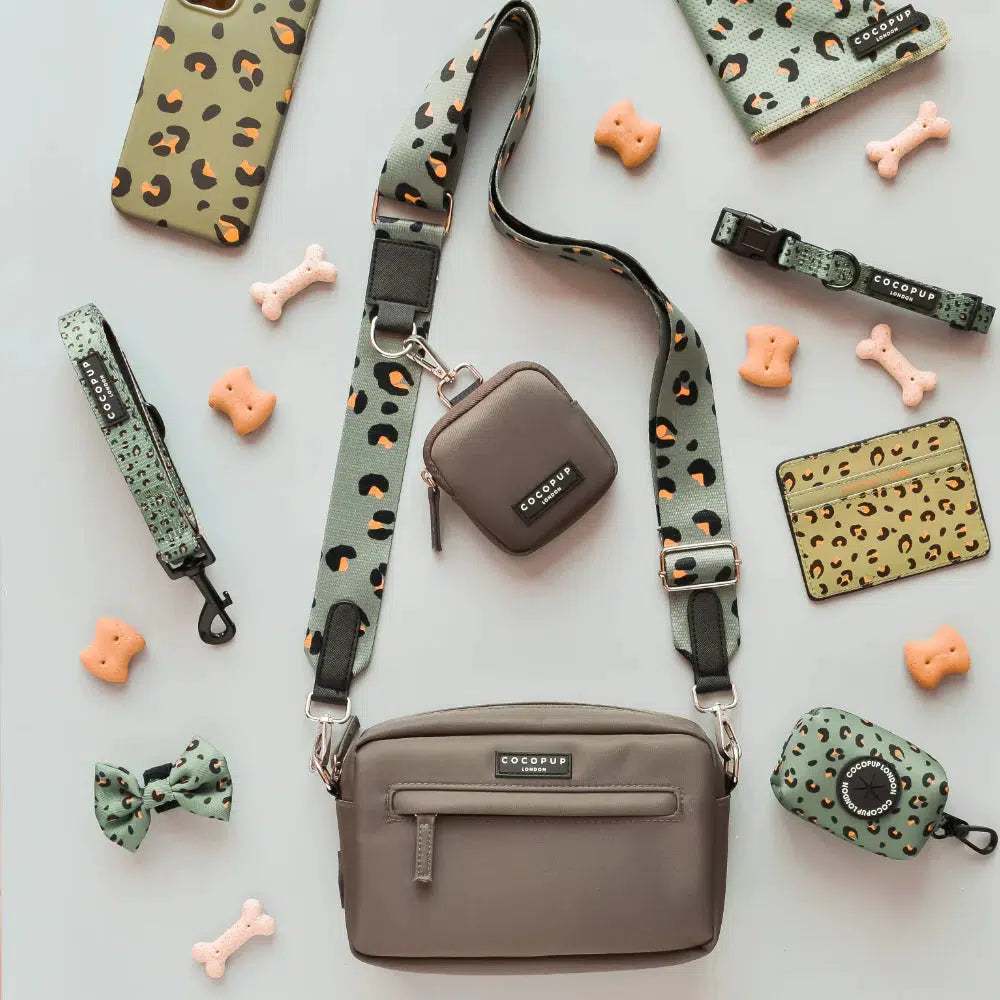 Köpek Gezdirme Mocha Çanta Seti - Haki Leopar Desenli