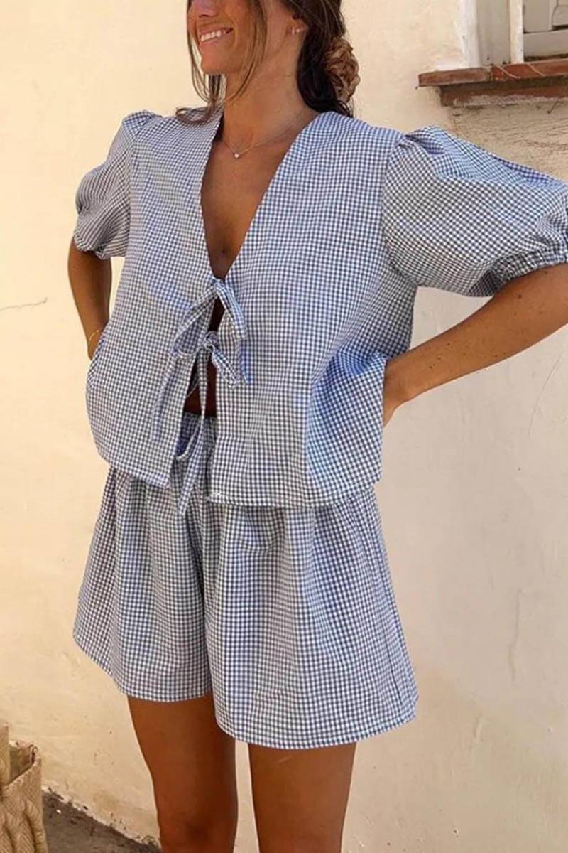 Plaid Front Lace-up Puff Sleeve Top and Elastic Waist Shorts Set