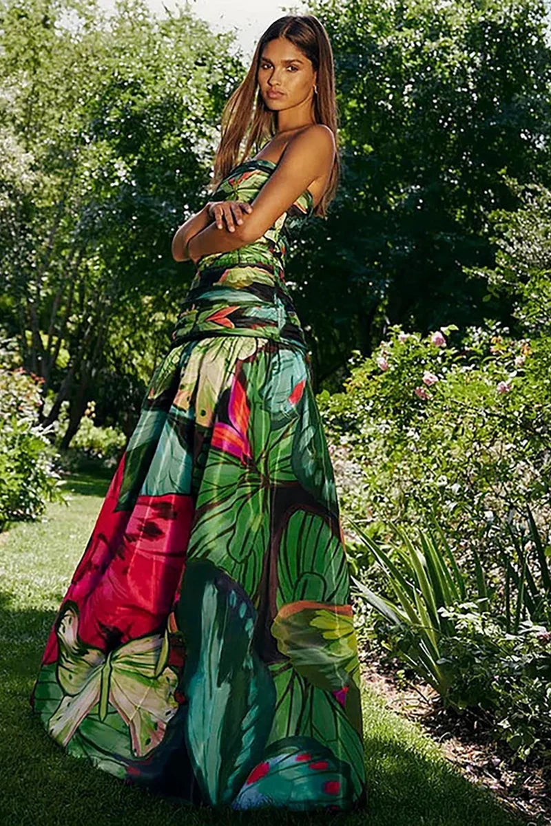 Butterfly Print Ruched Slimming Swimsuit Set